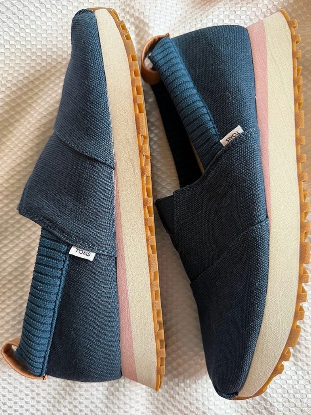 Toms Navy Blue Canvas Slip-On Flats with Tan Heel Tab - Picture 5 of 7
